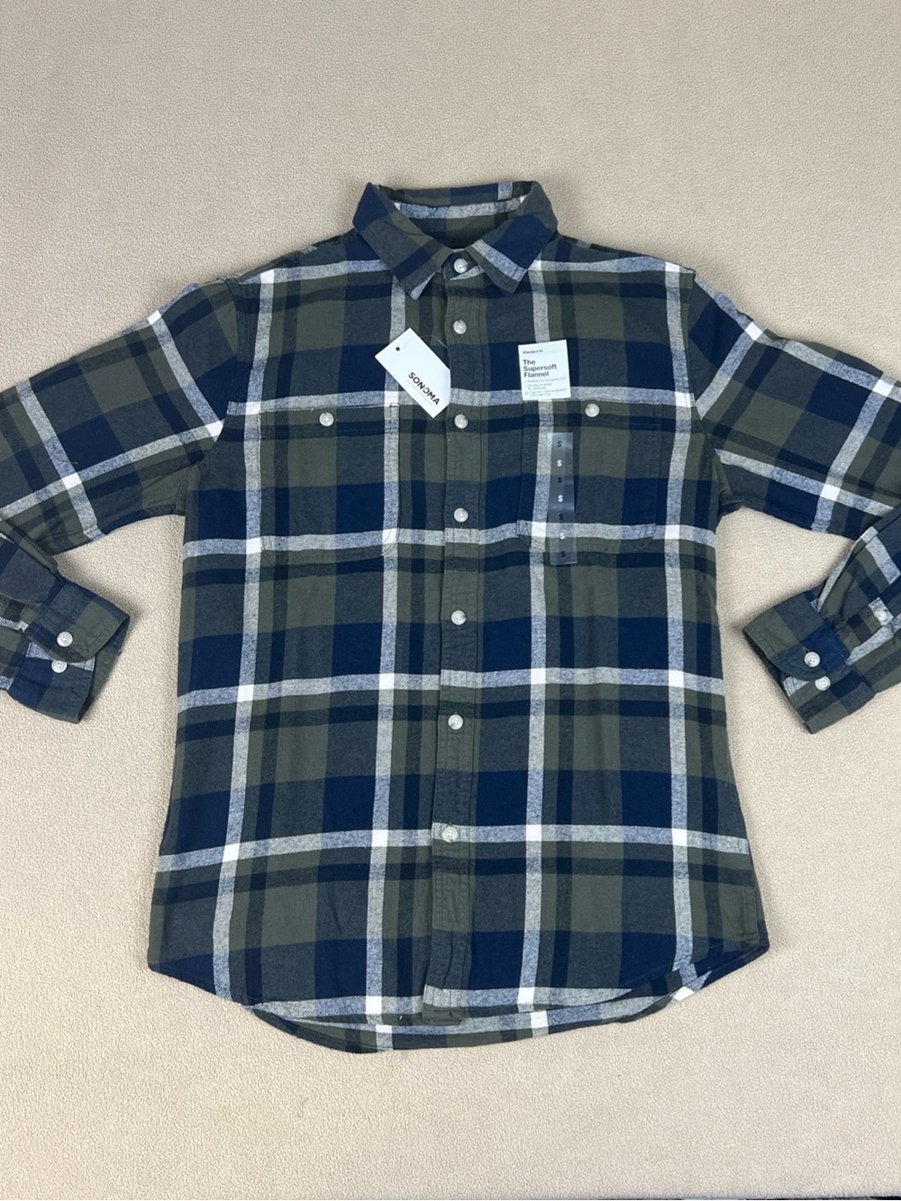 Sonoma The Supersoft Flannel Shirt. 100% Cotton, Plaid. Green. Men's Sz Small
